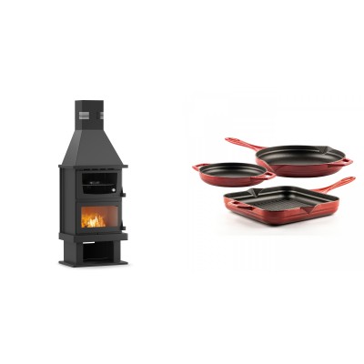 Set Kaminofen, Holzofen mit Backfach Velmora Fire FS AERO 90-50, 20.12kW + Gusseisen Topf Set aus 3 teilen Solagio, Rubin - Kaminofen - Holzofen mit Backfach