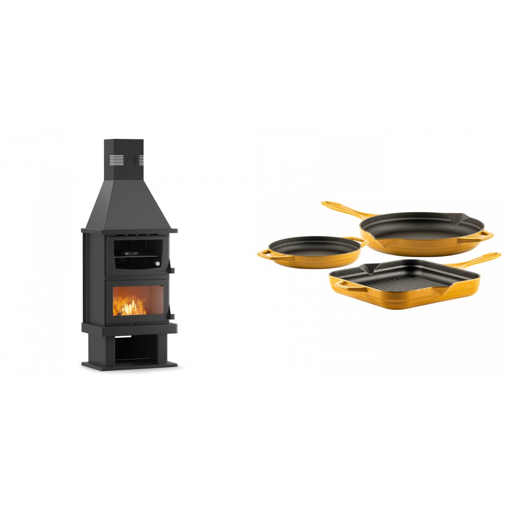 Set Kaminofen, Holzofen mit Backfach Velmora Fire FS AERO 90-50, 20.12kW + Gusseisen Topf Set aus 3 teilen Solagio, Dijon