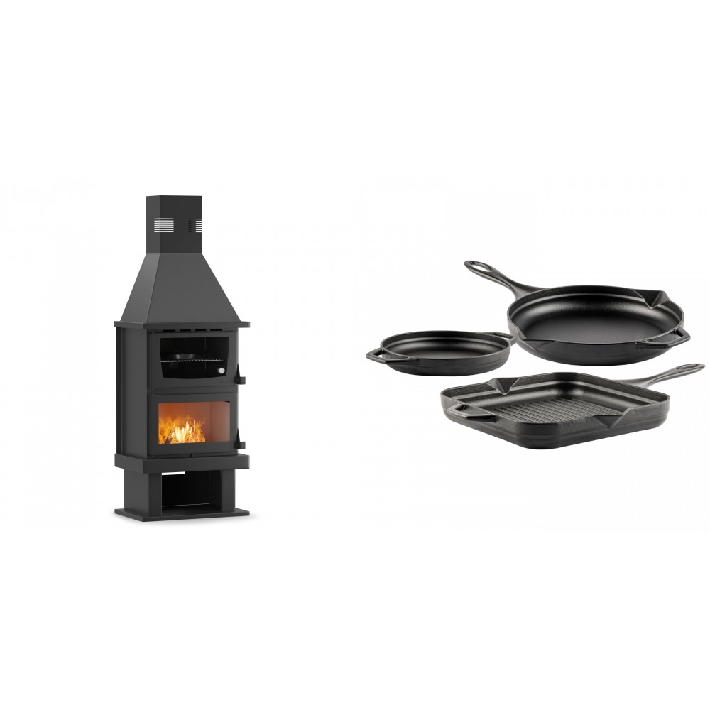 Set Kaminofen, Holzofen mit Backfach Velmora Fire FS AERO 90-50, 20.12kW + Gusseisen Topf Set aus 3 teilen Solagio, Black Onyx | Holzofen | Kaminofen |