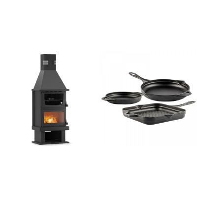 Set Kaminofen, Holzofen mit Backfach Velmora Fire FS AERO 90-50, 20.12kW + Gusseisen Topf Set aus 3 teilen Solagio, Black Onyx - Kaminofen - Holzofen mit Backfach