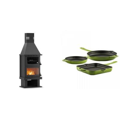 Set Kaminofen, Holzofen mit Backfach Velmora Fire FS AERO 90-50, 20.12kW + Gusseisen Topf Set aus 3 teilen Solagio, Bamboo - Kaminofen - Holzofen mit Backfach