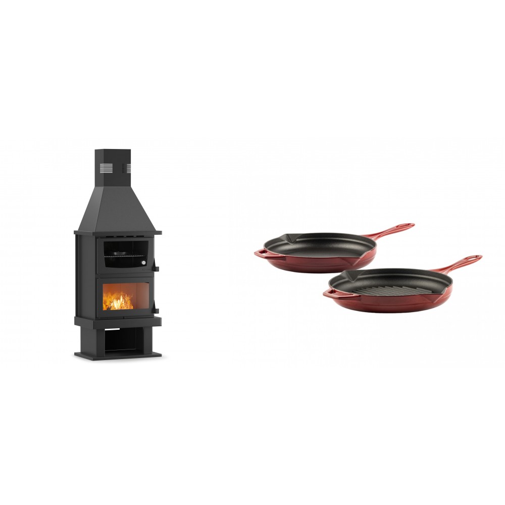 Set Kaminofen, Holzofen mit Backfach Velmora Fire FS AERO 90-50, 20.12kW + Gusseisen Topf Set aus 2 teilen Solagio, Rubin