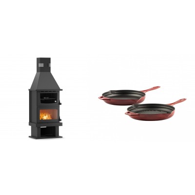 Set Kaminofen, Holzofen mit Backfach Velmora Fire FS AERO 90-50, 20.12kW + Gusseisen Topf Set aus 2 teilen Solagio, Rubin - Kaminofen - Holzofen mit Backfach