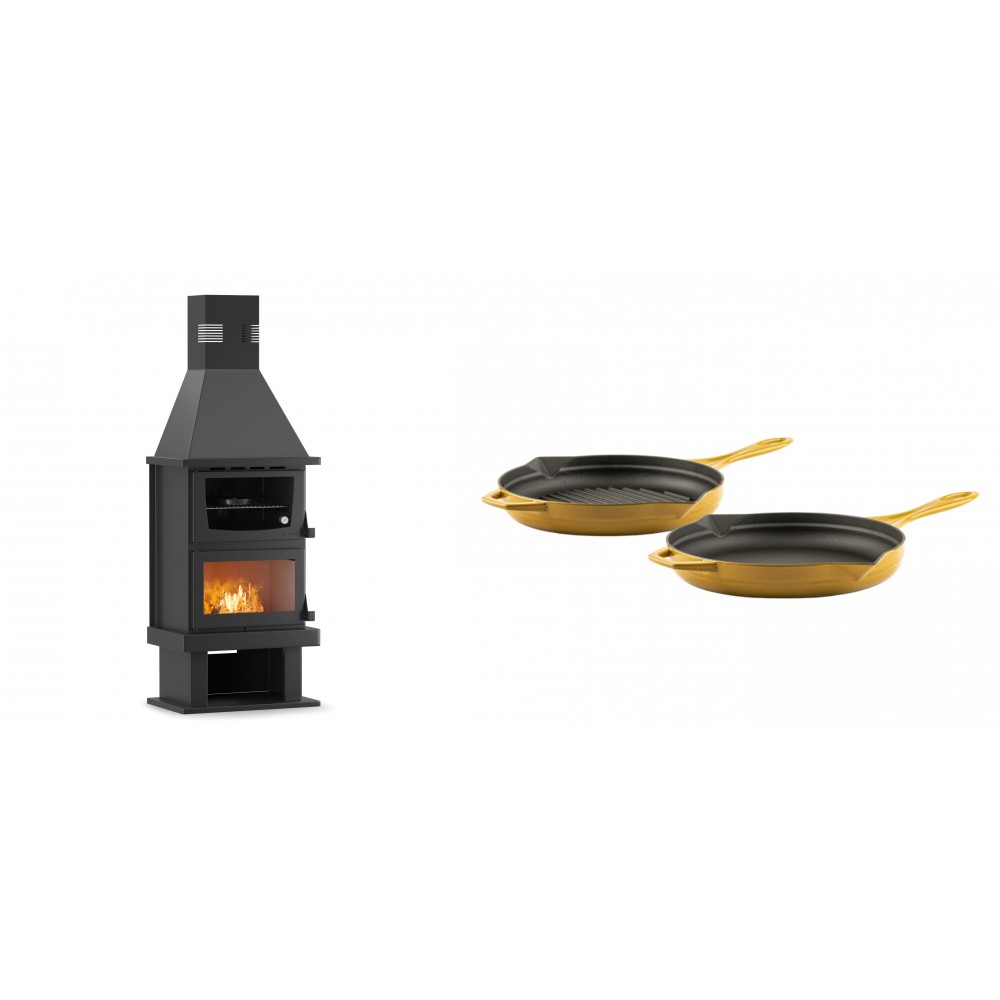 Set Kaminofen, Holzofen mit Backfach Velmora Fire FS AERO 90-50, 20.12kW + Gusseisen Topf Set aus 2 teilen Solagio, Dijon | Holzofen | Kaminofen |