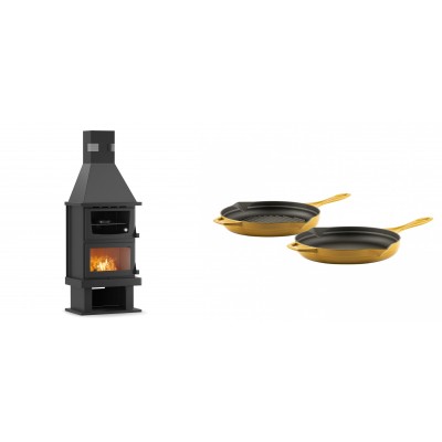 Set Kaminofen, Holzofen mit Backfach Velmora Fire FS AERO 90-50, 20.12kW + Gusseisen Topf Set aus 2 teilen Solagio, Dijon - Kaminofen - Holzofen mit Backfach