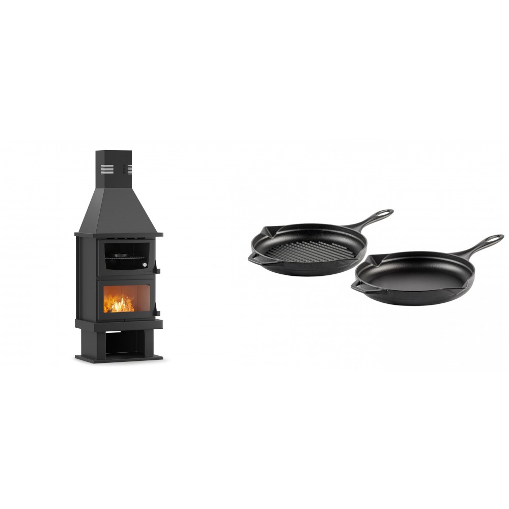 Set Kaminofen, Holzofen mit Backfach Velmora Fire FS AERO 90-50, 20.12kW + Gusseisen Topf Set aus 2 teilen Solagio, Black Onyx | Holzofen | Kaminofen |