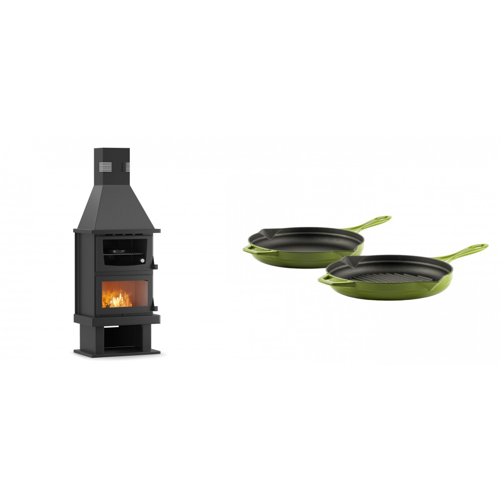 Set Kaminofen, Holzofen mit Backfach Velmora Fire FS AERO 90-50, 20.12kW + Gusseisen Topf Set aus 2 teilen Solagio, Bamboo