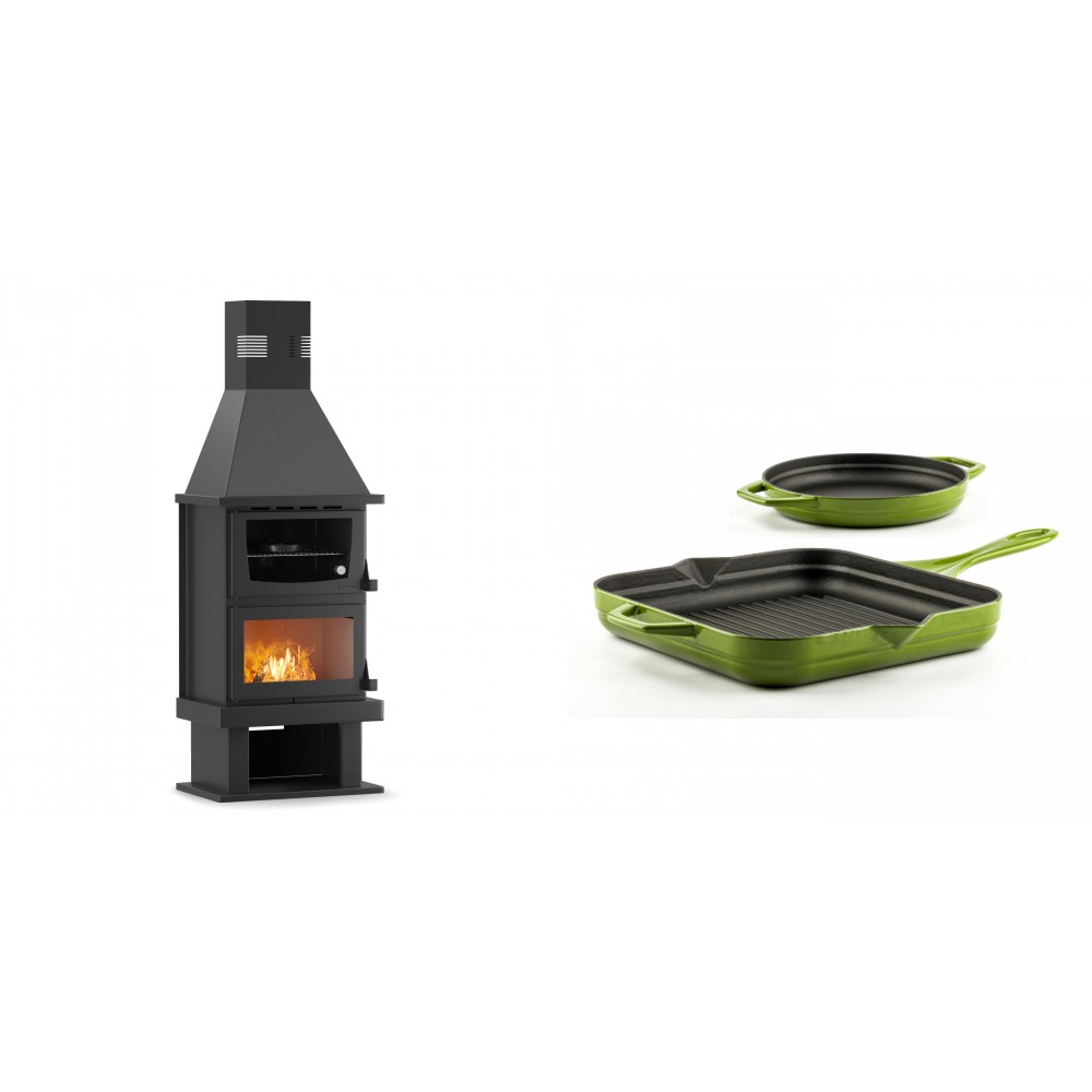 Set Kaminofen, Holzofen mit Backfach Velmora Fire FS AERO 90-50, 20.12kW + Gusseisen Topf Set aus 2 teilen Solagio, Bamboo | Holzofen | Kaminofen |