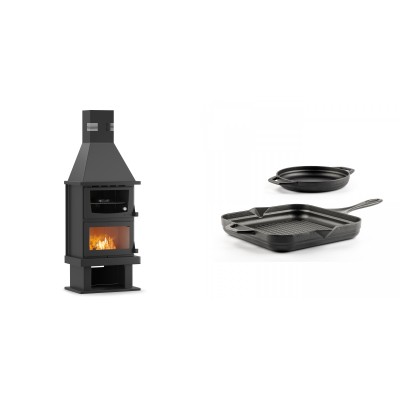 Set Kaminofen, Holzofen mit Backfach Velmora Fire FS AERO 90-50, 20.12kW + Gusseisen Topf Set aus 2 teilen Solagio, Black Onyx - Kaminofen - Holzofen mit Backfach