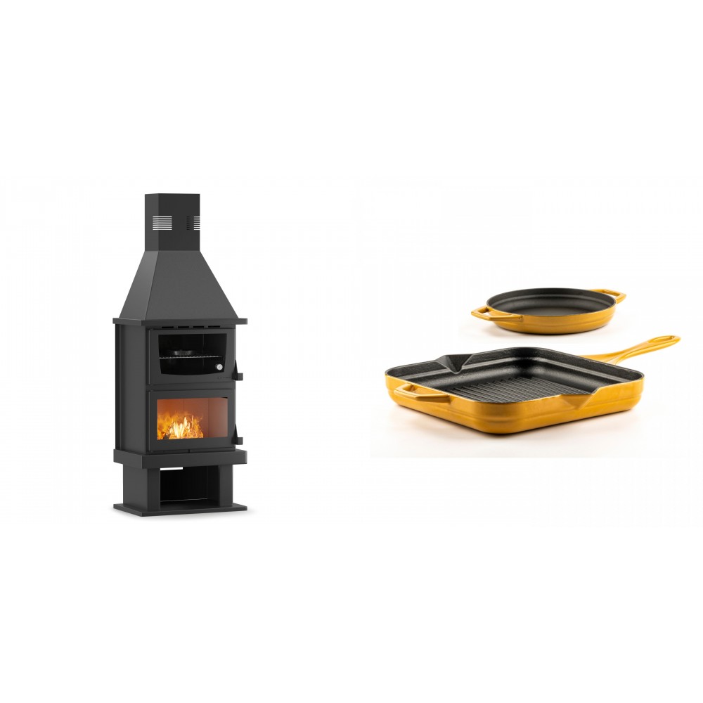 Set Kaminofen, Holzofen mit Backfach Velmora Fire FS AERO 90-50, 20.12kW + Gusseisen Topf Set aus 2 teilen Solagio, Dijon | Holzofen | Kaminofen |