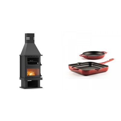 Set Kaminofen, Holzofen mit Backfach Velmora Fire FS AERO 90-50, 20.12kW + Gusseisen Topf Set aus 2 teilen Solagio, Rubin - Kaminofen - Holzofen mit Backfach