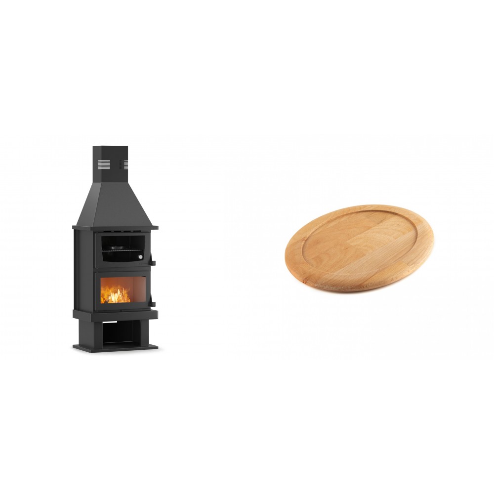 Set Kaminofen, Holzofen mit Backfach Velmora Fire FS AERO 90-50, 20.12kW + Holz untersetzer für ovale gusseisenpfanne Solagio HSFT1825