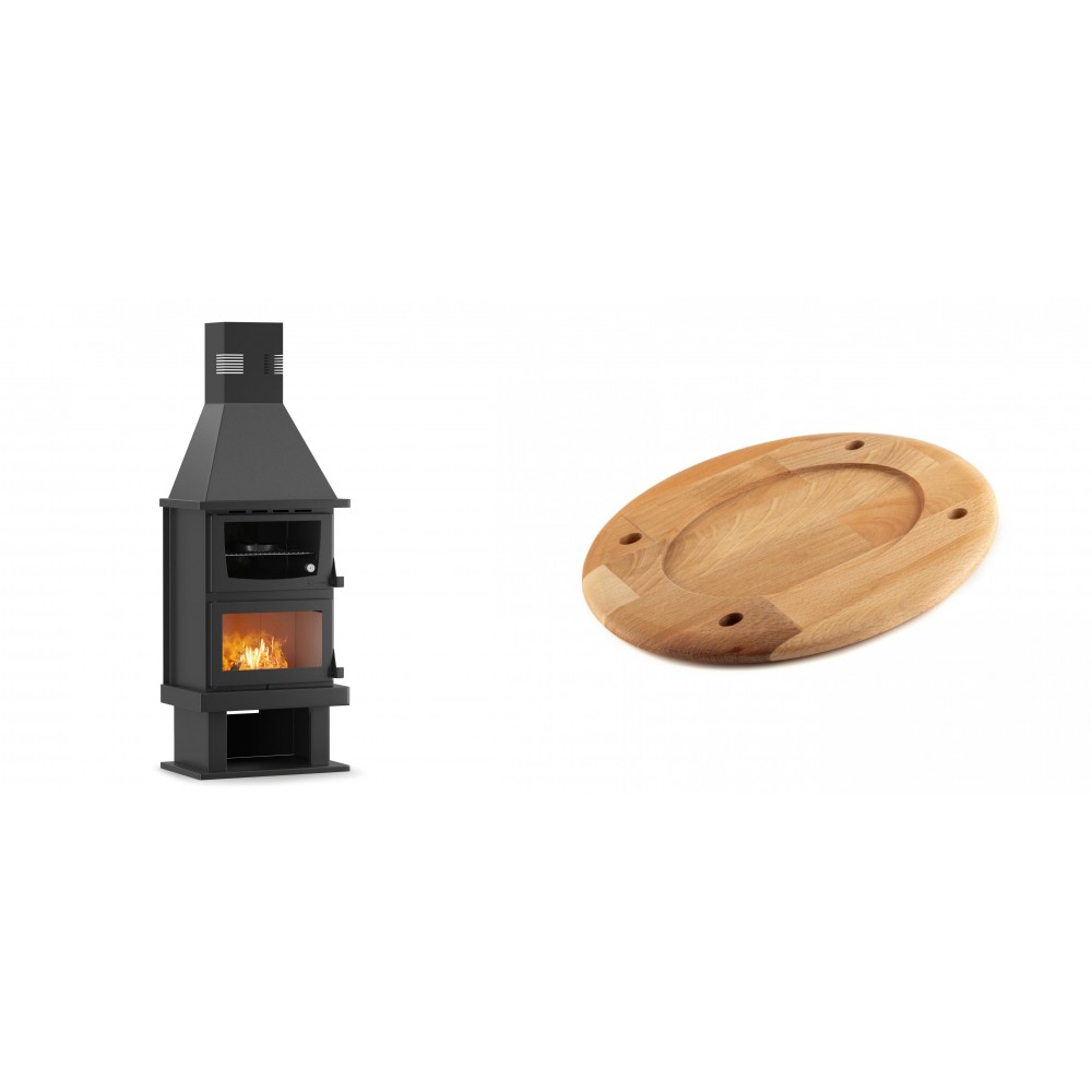 Set Kaminofen, Holzofen mit Backfach Velmora Fire FS AERO 90-50, 20.12kW + Holz untersetzer für ovale platte Solagio HSOISK2533, 25x33cm | Holzofen | Kaminofen |