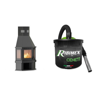 Set Kaminofen, Holzofen Velmora Fire FS AERO PRISMA, 16.20kW + Elektrischer Aschesauger Ribimex, Modell Cenetì, Fassungsvermögen 15 L - Holzofen
