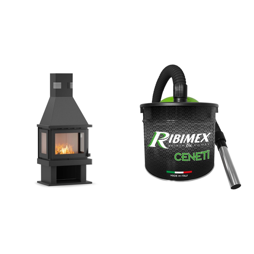 Set Kaminofen, Holzofen Velmora Fire FS AERO STRAIGHT, 17.51kW + Elektrischer Aschesauger Ribimex, Modell Cenetì, Fassungsvermögen 15 L