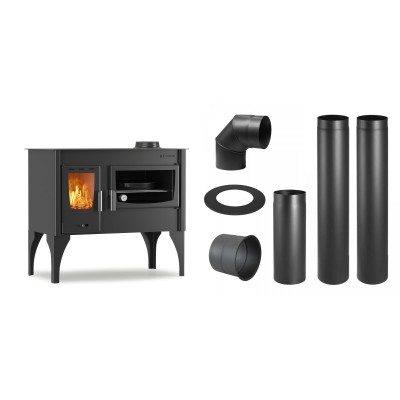 Set Küchenofen / Küchenhexe mit Backofen und Kochplatte Velmora Fire ATS ΜΑSΙΝΑ VERGINA, 10.2kW + Schornstein Bausatz PARKANEX, Stahl Ø150, Dicke 2mm - Kaminofen - Holzofen mit Backfach