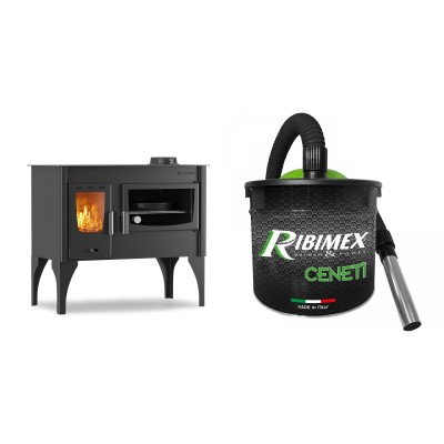 Set Küchenofen / Küchenhexe mit Backofen und Kochplatte Velmora Fire ATS ΜΑSΙΝΑ VERGINA, 10.2kW + Elektrischer Aschesauger Ribimex, Modell Cenetì, Fassungsvermögen 15 L - Kaminofen - Holzofen mit Backfach