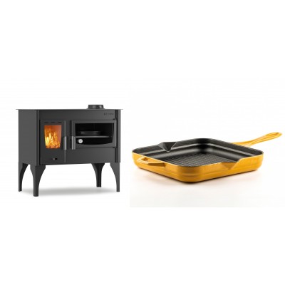 Set Küchenofen / Küchenhexe mit Backofen und Kochplatte Velmora Fire ATS ΜΑSΙΝΑ VERGINA, 10.2kW + Emaillierte grillpfanne Gusseisen Solagio, Dijon, 28х28cm - Kaminofen - Holzofen mit Backfach