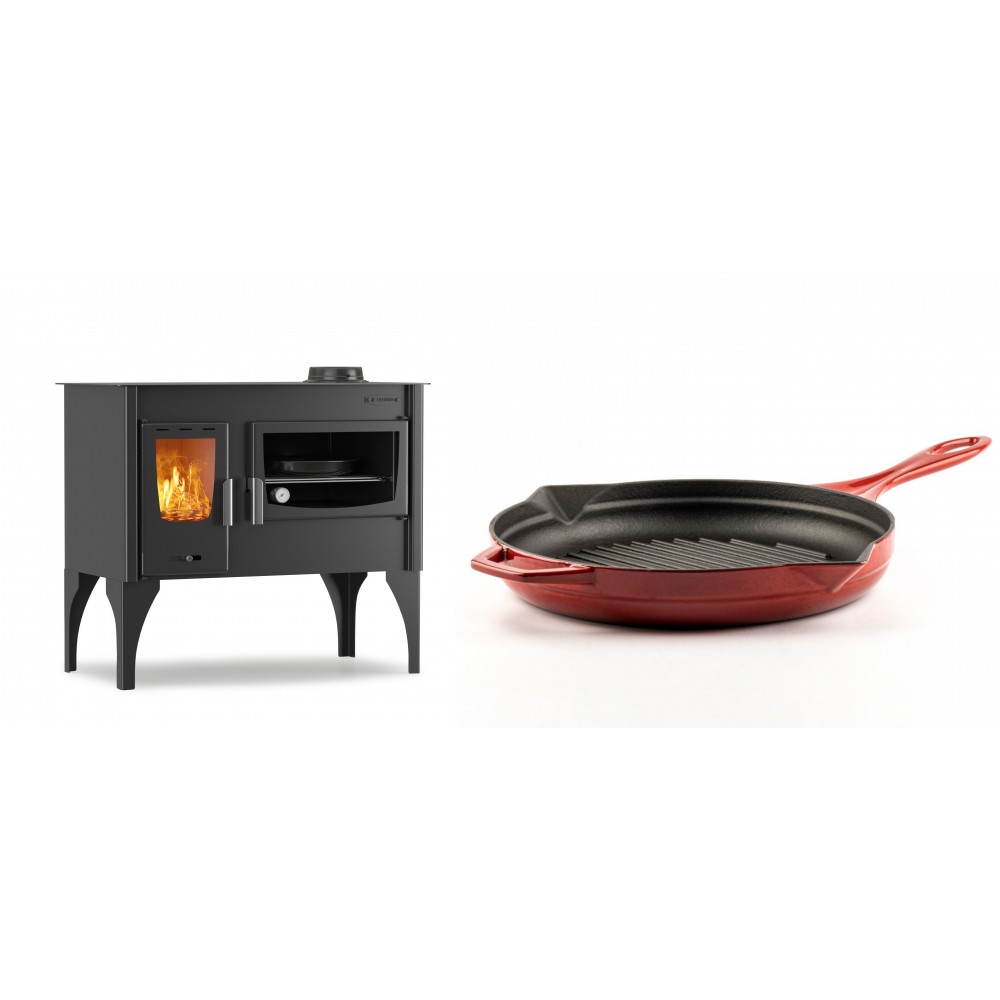 Set Küchenofen / Küchenhexe mit Backofen und Kochplatte Velmora Fire ATS ΜΑSΙΝΑ VERGINA, 10.2kW + Emaillierte grillpfanne Gusseisen Solagio, Rubin, Ф28cm