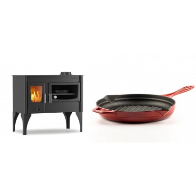 Set Küchenofen / Küchenhexe mit Backofen und Kochplatte Velmora Fire ATS ΜΑSΙΝΑ VERGINA, 10.2kW + Emaillierte grillpfanne Gusseisen Solagio, Rubin, Ф28cm - Kaminofen - Holzofen mit Backfach