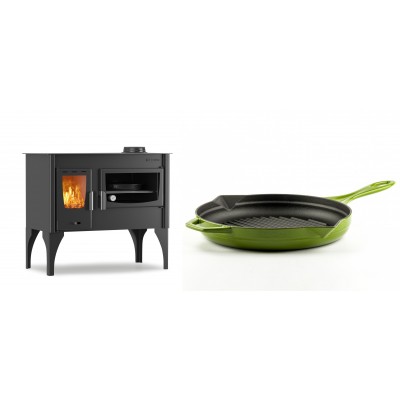 Set Küchenofen / Küchenhexe mit Backofen und Kochplatte Velmora Fire ATS ΜΑSΙΝΑ VERGINA, 10.2kW + Emaillierte grillpfanne Gusseisen Solagio, Bamboo, Ф28cm - Kaminofen - Holzofen mit Backfach