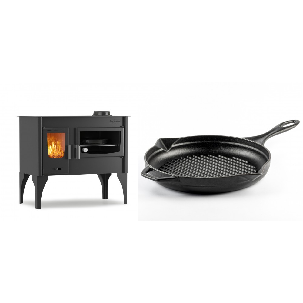Set Küchenofen / Küchenhexe mit Backofen und Kochplatte Velmora Fire ATS ΜΑSΙΝΑ VERGINA, 10.2kW + Emaillierte grillpfanne Gusseisen Solagio, Black Onyx, Ф28cm | Holzofen | Kaminofen |