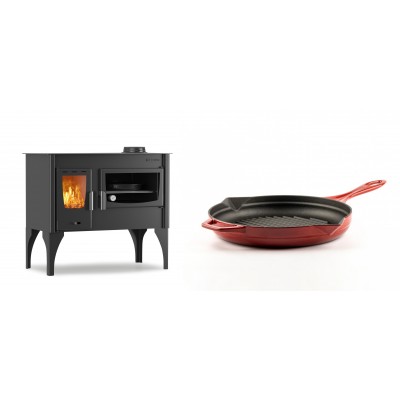 Set Küchenofen / Küchenhexe mit Backofen und Kochplatte Velmora Fire ATS ΜΑSΙΝΑ VERGINA, 10.2kW + Emaillierte grillpfanne Gusseisen Solagio, Rubin, Ф24cm - Kaminofen - Holzofen mit Backfach