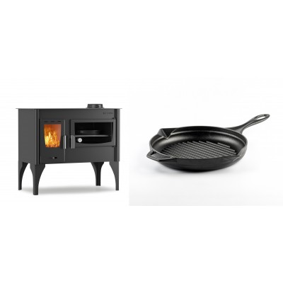 Set Küchenofen / Küchenhexe mit Backofen und Kochplatte Velmora Fire ATS ΜΑSΙΝΑ VERGINA, 10.2kW + Emaillierte grillpfanne Gusseisen Solagio, Black Onyx, Ф24cm - Kaminofen - Holzofen mit Backfach