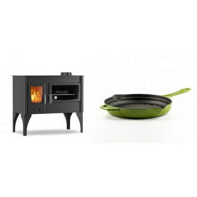Set Küchenofen / Küchenhexe mit Backofen und Kochplatte Velmora Fire ATS ΜΑSΙΝΑ VERGINA, 10.2kW + Emaillierte grillpfanne Gusseisen Solagio, Bamboo, Ф24cm - Kaminofen - Holzofen mit Backfach