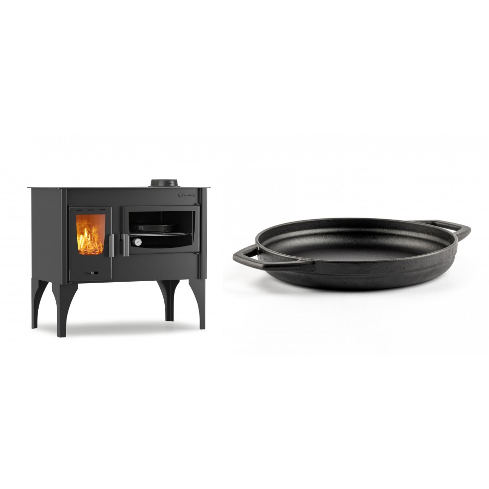 Set Küchenofen / Küchenhexe mit Backofen und Kochplatte Velmora Fire ATS ΜΑSΙΝΑ VERGINA, 10.2kW + Emaillierte gusseisenpfanne mit zwei Griffen Solagio, Black Onyx, Ф22cm