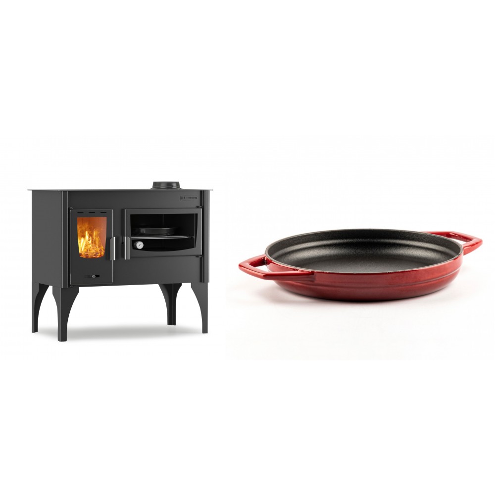 Set Küchenofen / Küchenhexe mit Backofen und Kochplatte Velmora Fire ATS ΜΑSΙΝΑ VERGINA, 10.2kW + Emaillierte gusseisenpfanne mit zwei Griffen Solagio, Rubin, Ф22cm