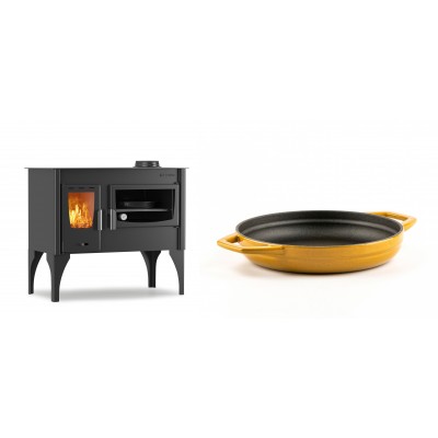 Set Küchenofen / Küchenhexe mit Backofen und Kochplatte Velmora Fire ATS ΜΑSΙΝΑ VERGINA, 10.2kW + Emaillierte gusseisenpfanne mit zwei Griffen Solagio, Dijon, Ф19cm - Kaminofen - Holzofen mit Backfach