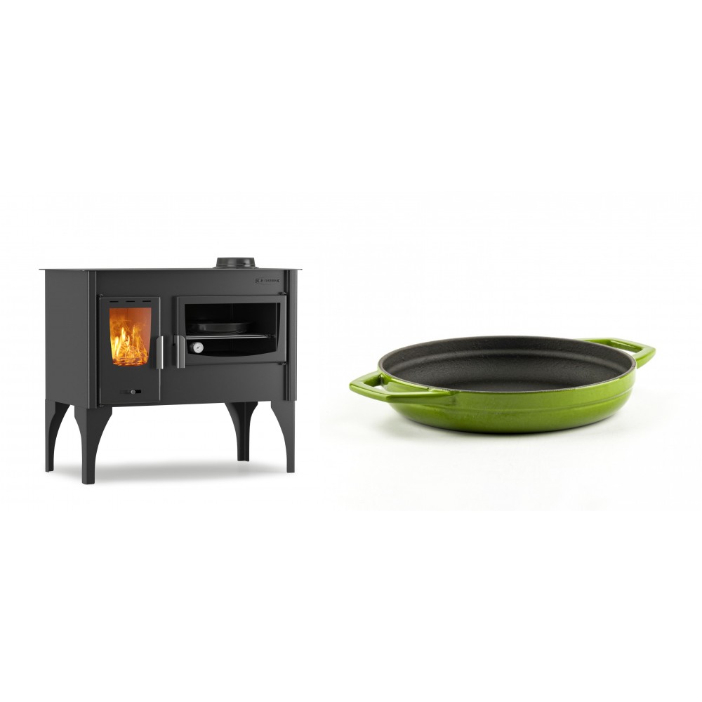 Set Küchenofen / Küchenhexe mit Backofen und Kochplatte Velmora Fire ATS ΜΑSΙΝΑ VERGINA, 10.2kW + Emaillierte gusseisenpfanne mit zwei Griffen Solagio, Bamboo, Ф19cm
