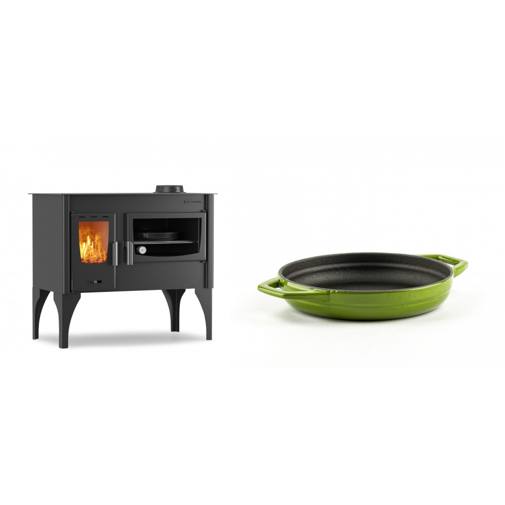 Set Küchenofen / Küchenhexe mit Backofen und Kochplatte Velmora Fire ATS ΜΑSΙΝΑ VERGINA, 10.2kW + Emaillierte gusseisenpfanne mit zwei Griffen Solagio, Bamboo, Ф16cm | Holzofen | Kaminofen |