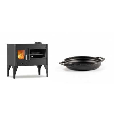 Set Küchenofen / Küchenhexe mit Backofen und Kochplatte Velmora Fire ATS ΜΑSΙΝΑ VERGINA, 10.2kW + Emaillierte gusseisenpfanne mit zwei Griffen Solagio, Black Onyx, Ф16cm - Kaminofen - Holzofen mit Backfach