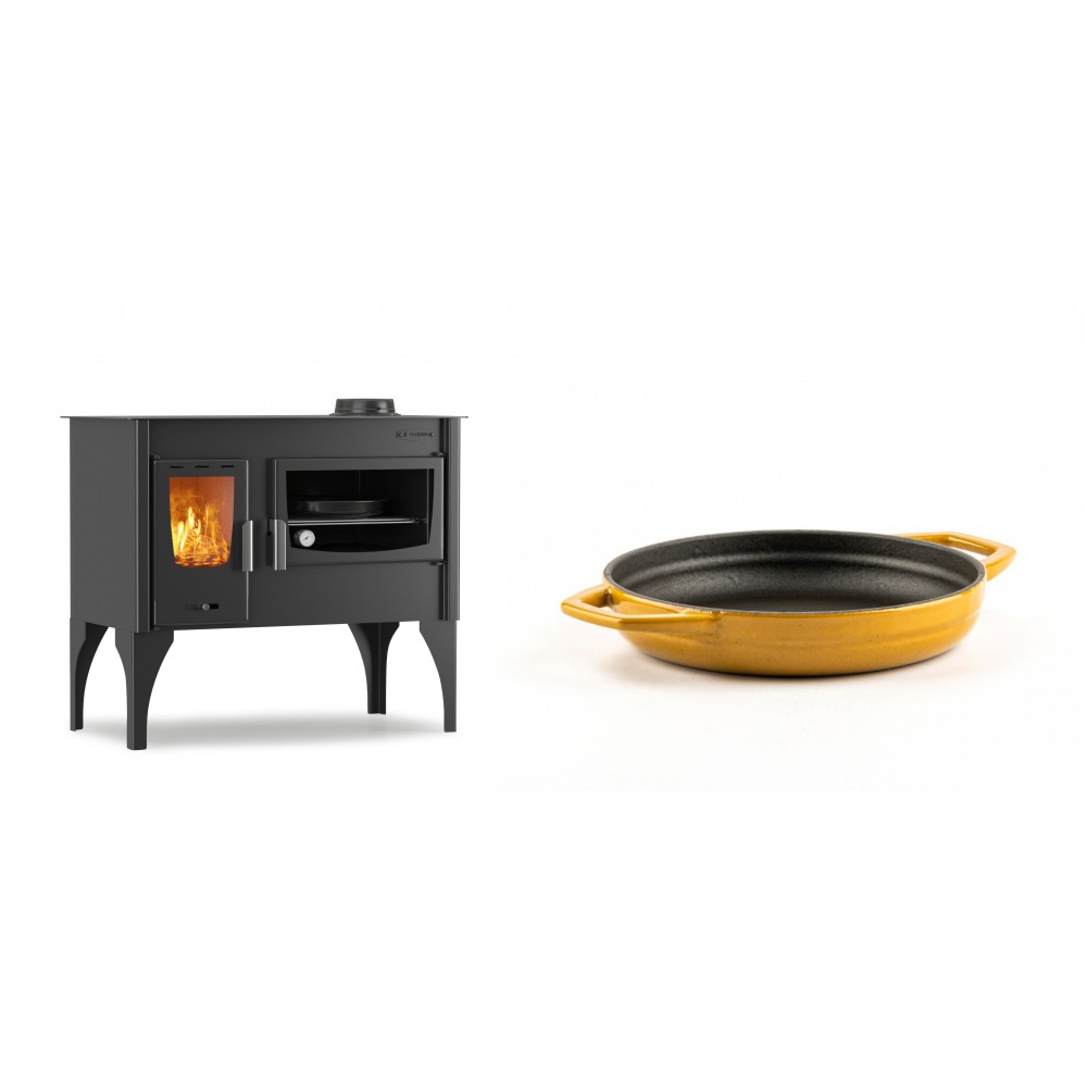 Set Küchenofen / Küchenhexe mit Backofen und Kochplatte Velmora Fire ATS ΜΑSΙΝΑ VERGINA, 10.2kW + Emaillierte gusseisenpfanne mit zwei Griffen Solagio, Dijon, Ф16cm | Holzofen | Kaminofen |