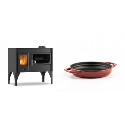 Set Küchenofen / Küchenhexe mit Backofen und Kochplatte Velmora Fire ATS ΜΑSΙΝΑ VERGINA, 10.2kW + Emaillierte gusseisenpfanne mit zwei Griffen Solagio, Rubin, Ф16cm - Kaminofen - Holzofen mit Backfach