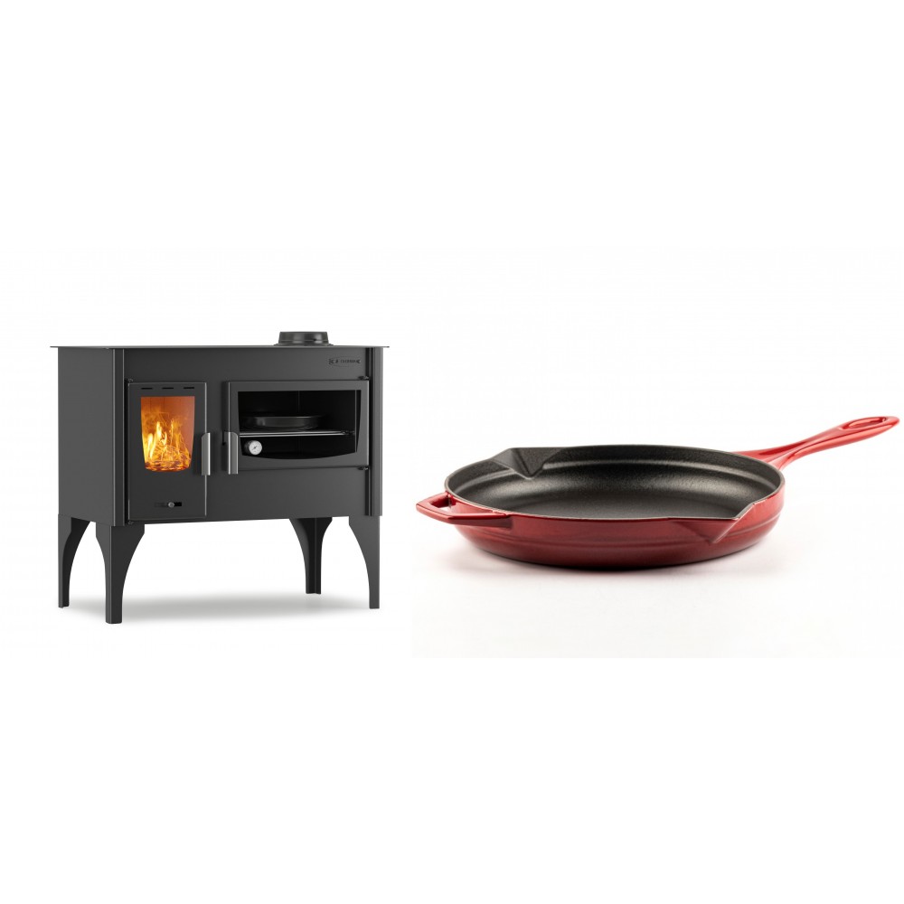 Set Küchenofen / Küchenhexe mit Backofen und Kochplatte Velmora Fire ATS ΜΑSΙΝΑ VERGINA, 10.2kW + Emaillierte Gusseisenpfanne Solagio, Rubin, Ф28cm | Holzofen | Kaminofen |