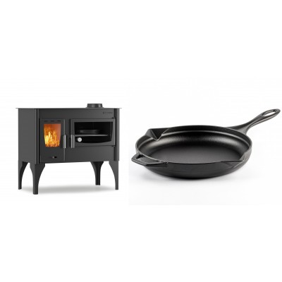 Set Küchenofen / Küchenhexe mit Backofen und Kochplatte Velmora Fire ATS ΜΑSΙΝΑ VERGINA, 10.2kW + Emaillierte Gusseisenpfanne Solagio, Black Onyx, Ф28cm - Kaminofen - Holzofen mit Backfach