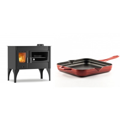 Set Küchenofen / Küchenhexe mit Backofen und Kochplatte Velmora Fire ATS ΜΑSΙΝΑ VERGINA, 10.2kW + Emaillierte Gusseisenpfanne Solagio, Rubin, 28x28cm - Kaminofen - Holzofen mit Backfach
