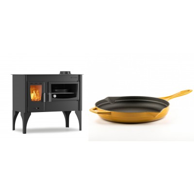 Set Küchenofen / Küchenhexe mit Backofen und Kochplatte Velmora Fire ATS ΜΑSΙΝΑ VERGINA, 10.2kW + Emaillierte Gusseisenpfanne Solagio, Dijon, Ф28cm - Kaminofen - Holzofen mit Backfach