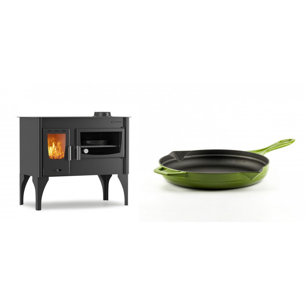 Set Küchenofen / Küchenhexe mit Backofen und Kochplatte Velmora Fire ATS ΜΑSΙΝΑ VERGINA, 10.2kW + Emaillierte Gusseisenpfanne Solagio, Bamboo, Ф24cm | Holzofen | Kaminofen |