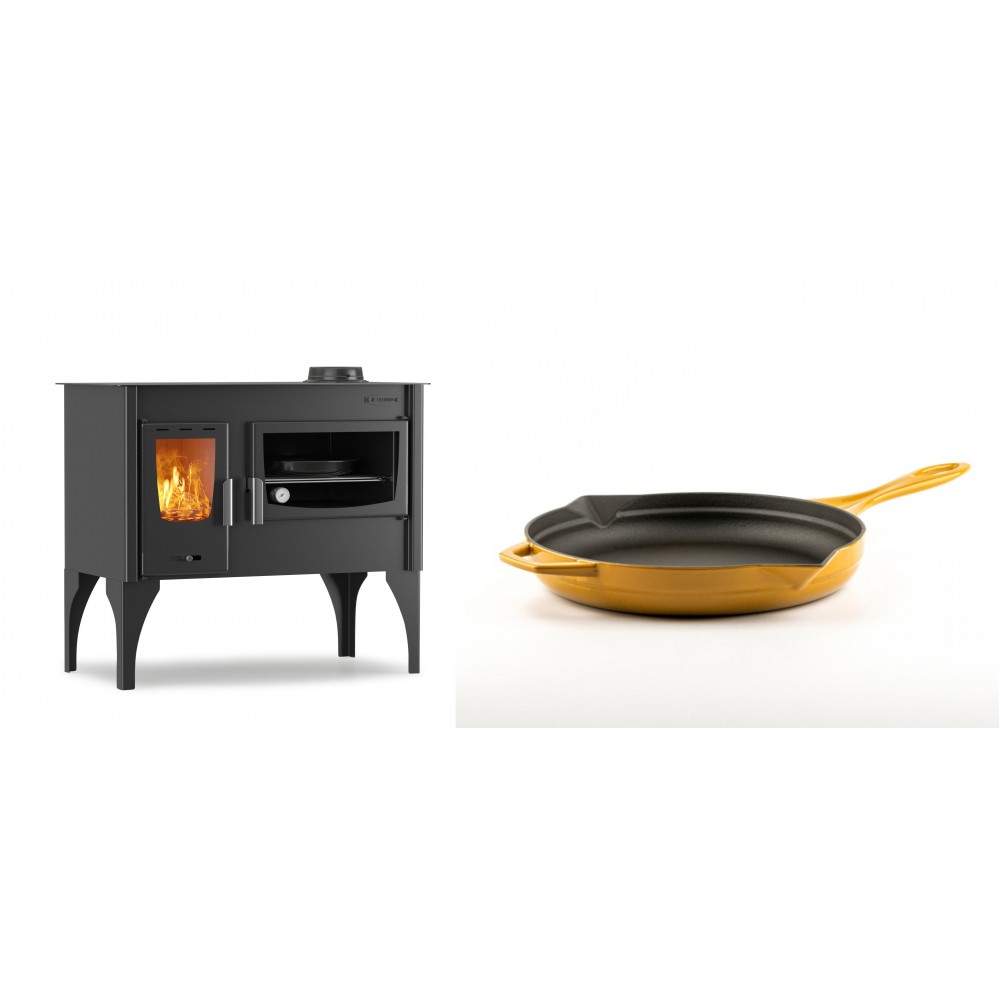 Set Küchenofen / Küchenhexe mit Backofen und Kochplatte Velmora Fire ATS ΜΑSΙΝΑ VERGINA, 10.2kW + Emaillierte Gusseisenpfanne Solagio, Dijon, Ф24cm | Holzofen | Kaminofen |