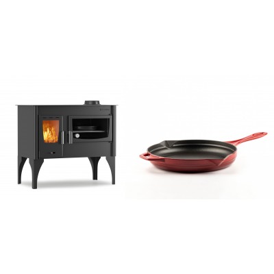 Set Küchenofen / Küchenhexe mit Backofen und Kochplatte Velmora Fire ATS ΜΑSΙΝΑ VERGINA, 10.2kW + Emaillierte Gusseisenpfanne Solagio, Rubin, Ф24cm - Kaminofen - Holzofen mit Backfach