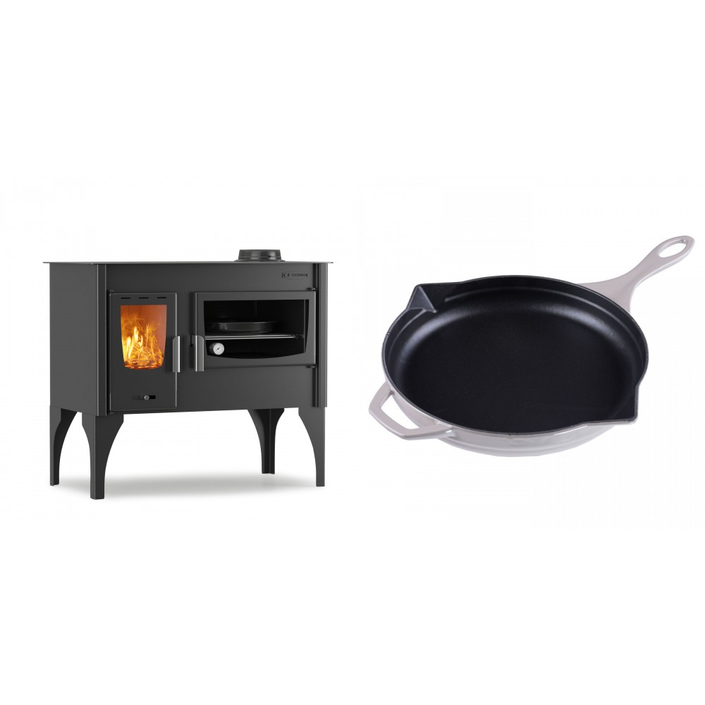 Set Küchenofen / Küchenhexe mit Backofen und Kochplatte Velmora Fire ATS ΜΑSΙΝΑ VERGINA, 10.2kW + Emaillierte Gusseisenpfanne Solagio, Ivory, Ф28cm