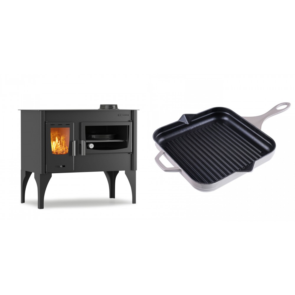 Set Küchenofen / Küchenhexe mit Backofen und Kochplatte Velmora Fire ATS ΜΑSΙΝΑ VERGINA, 10.2kW + Emaillierte grillpfanne Gusseisen Solagio, Ivory, 28x28cm