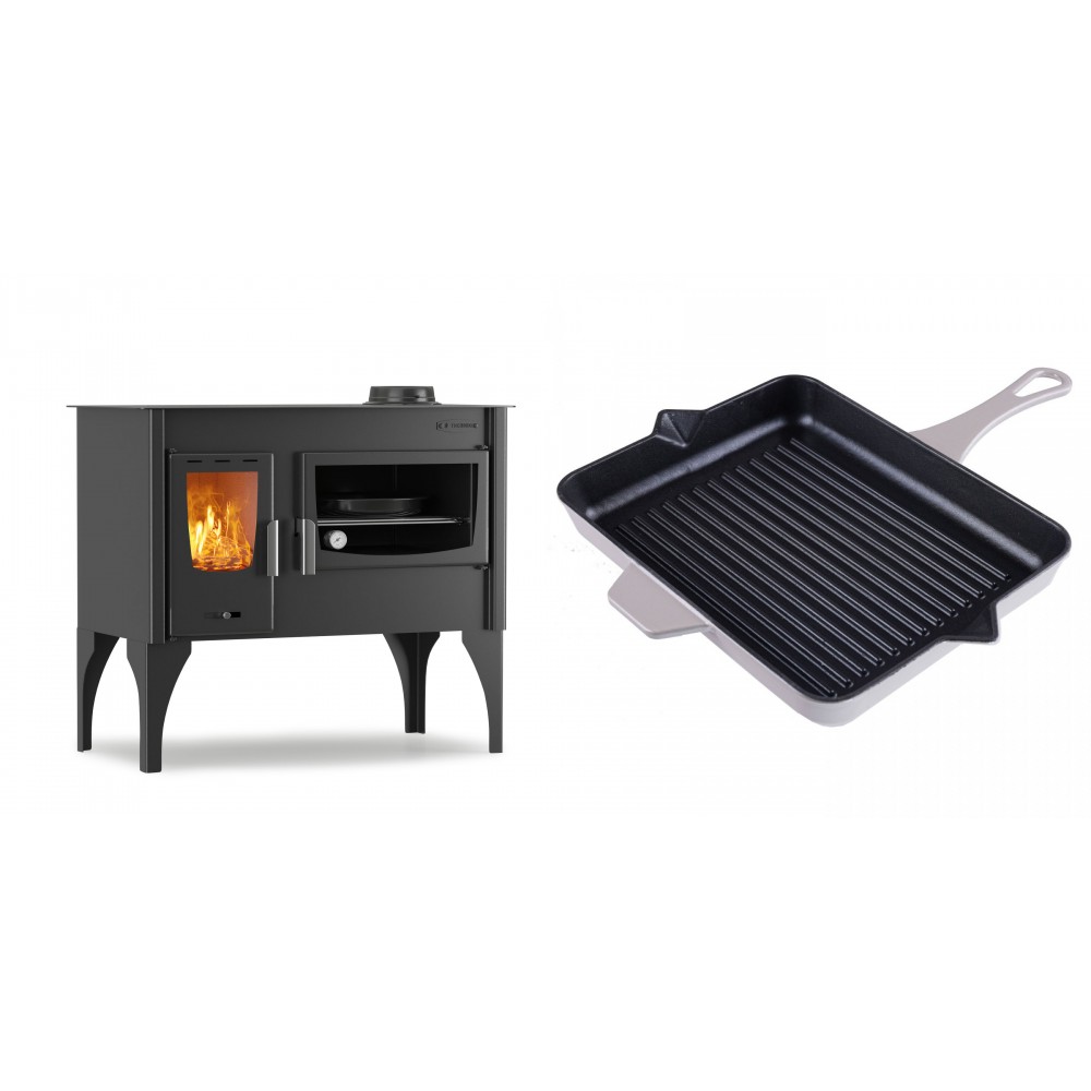 Set Küchenofen / Küchenhexe mit Backofen und Kochplatte Velmora Fire ATS ΜΑSΙΝΑ VERGINA, 10.2kW + Emaillierte grillpfanne Gusseisen Solagio, Ivory, 26x32cm | Holzofen | Kaminofen |