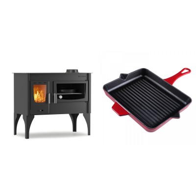 Set Küchenofen / Küchenhexe mit Backofen und Kochplatte Velmora Fire ATS ΜΑSΙΝΑ VERGINA, 10.2kW + Emaillierte grillpfanne Gusseisen Solagio, Rubin, 26x32cm - Kaminofen - Holzofen mit Backfach