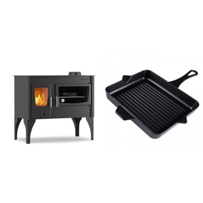 Set Küchenofen / Küchenhexe mit Backofen und Kochplatte Velmora Fire ATS ΜΑSΙΝΑ VERGINA, 10.2kW + Emaillierte grillpfanne Gusseisen Solagio, Black Onyx, 26x32cm - Kaminofen - Holzofen mit Backfach