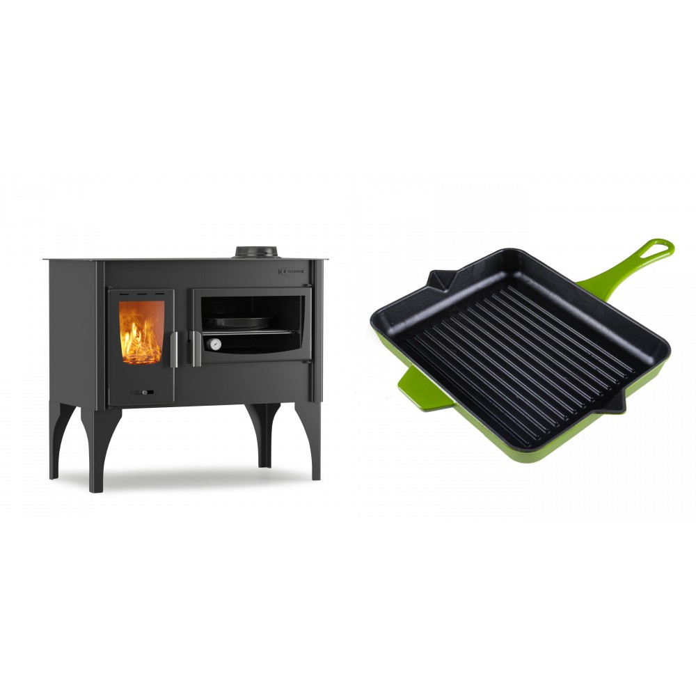Set Küchenofen / Küchenhexe mit Backofen und Kochplatte Velmora Fire ATS ΜΑSΙΝΑ VERGINA, 10.2kW + Emaillierte grillpfanne Gusseisen Solagio, Bamboo, 26x32cm | Holzofen | Kaminofen |
